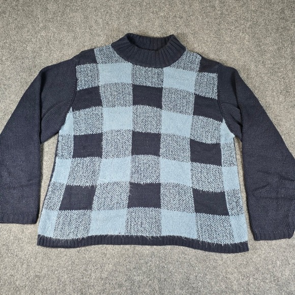 CAROLYN TAYLOR Luxury Women XL Blue Black Checkered Mock Neck Sweater Knit‎ - Picture 2 of 10